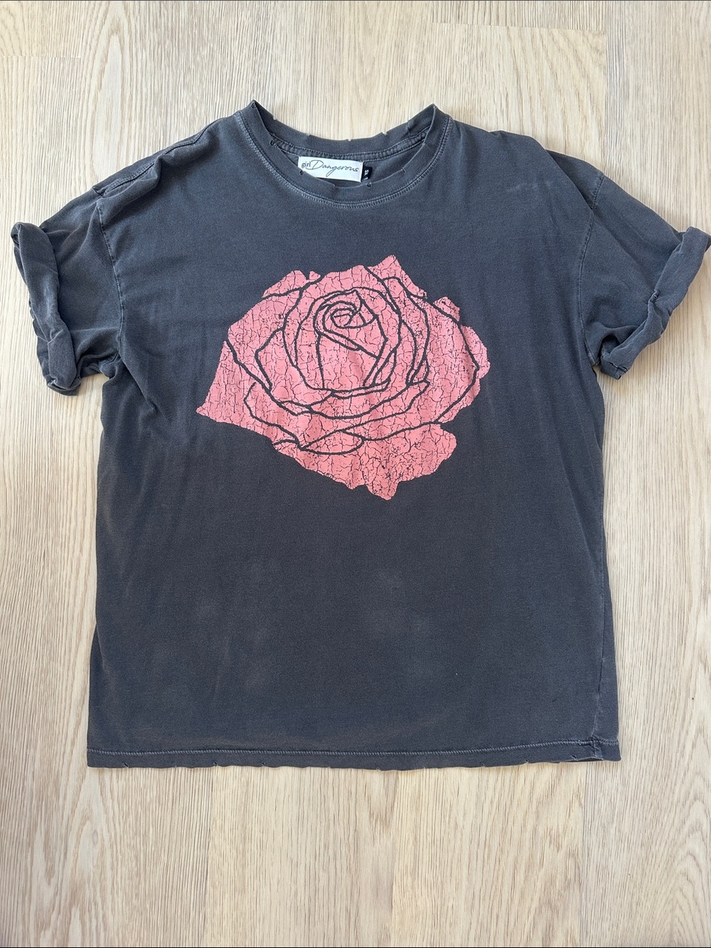 Short Sleeve Faded & Distressed Rose Graphic Tee - Faded Black with Pink Rose